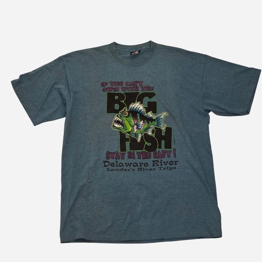 Vintage 80s 90s Big Fish Delaware River Rafting grey T-Shirt Size XL